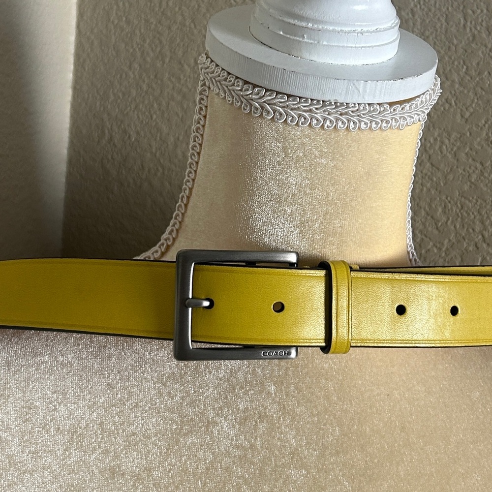 Coach Men's Lemon Yellow Leather Belt with Brushed Metal Buckle size 40 D5 - Picture 2 of 8